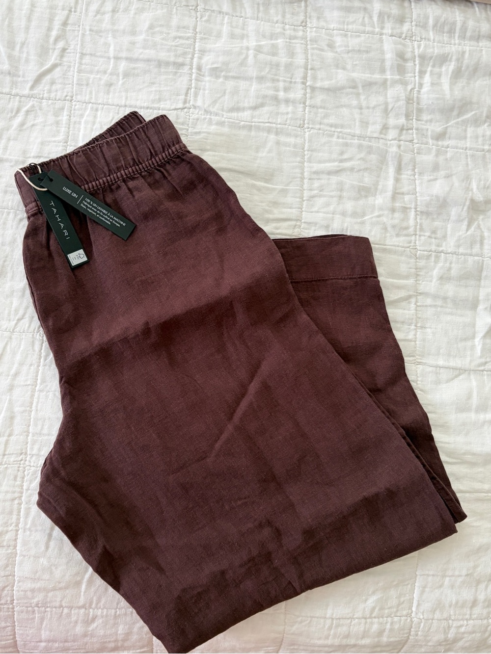 NWT TAHARI Brown Elastic-Waist Linen Pants